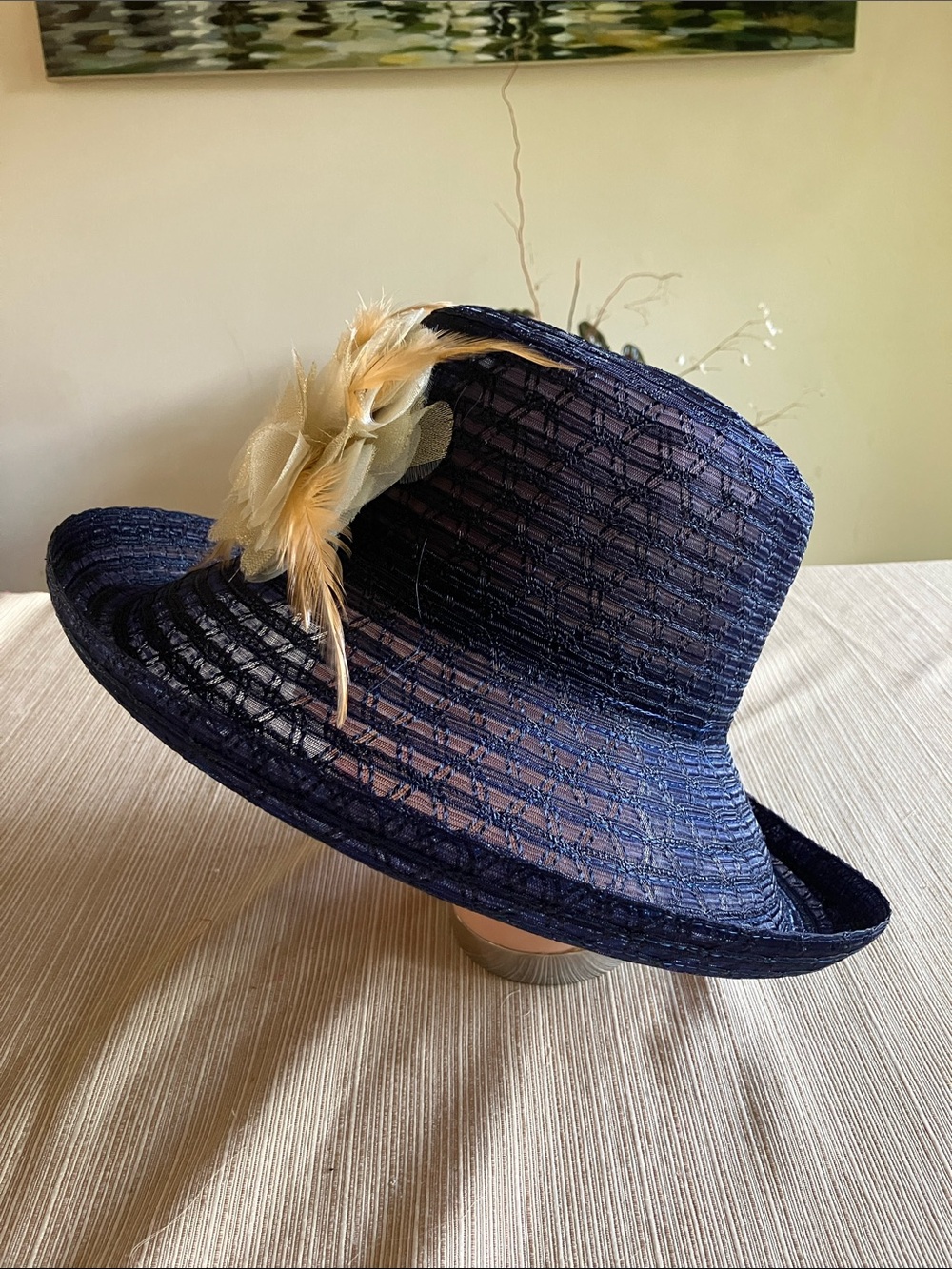 Navy Wide-Brim Hat with Cream Golden Floral Feathered Accent - Picture 4 of 5